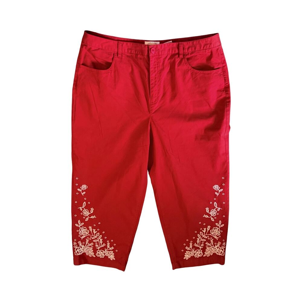 Talbots Pants Womens Size 16 Red Capri Floral Embroidered Stretch Casual Cropped